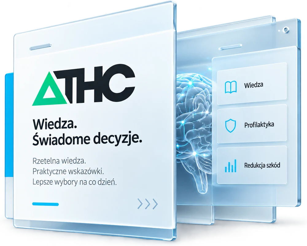 Okna platformy DeltaTHC ze znakiem projektu, wiedzą, profilaktyką i redukcją szkód.